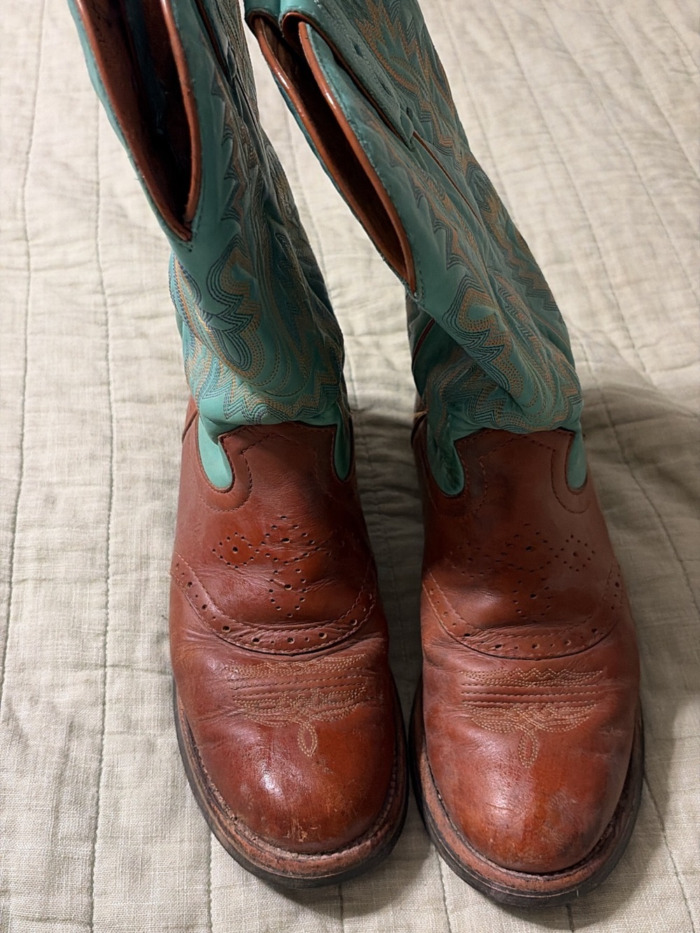 Justin Boots Brown Leather Foot with Teal Shaft Women's Cowboy Boots